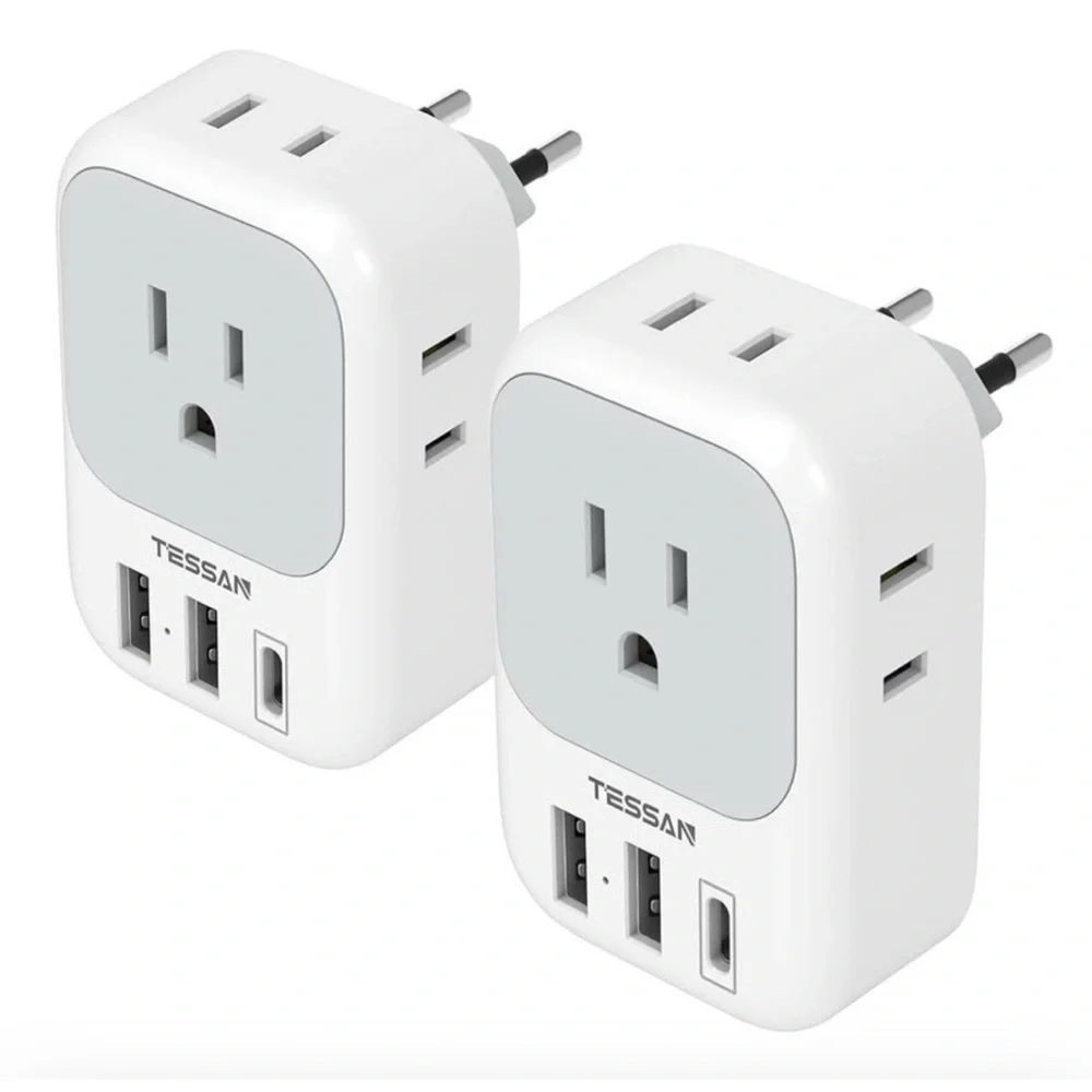 2-Pack European Travel Plug Adapter with 4 Outlet 3 USB C for US to Europe